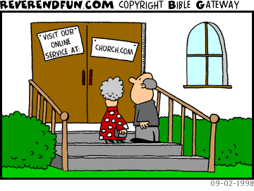 DESCRIPTION: Couple at Church, sign on door says 'visit our church online - church.com' CAPTION: 