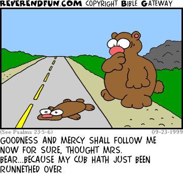 DESCRIPTION: Bear looking at baby bear who was hit by a car CAPTION: GOODNESS AND MERCY SHALL FOLLOW ME NOW FOR SURE, THOUGHT MRS. BEAR...BECAUSE MY CUB HATH JUST BEEN RUNNETHED OVER