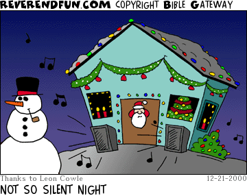 DESCRIPTION: A house set up with all sorts of Christmas lights and decorations CAPTION: NOT SO SILENT NIGHT