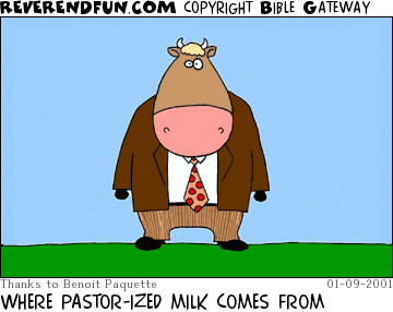 DESCRIPTION: A cow in a suit CAPTION: WHERE PASTOR-IZED MILK COMES FROM