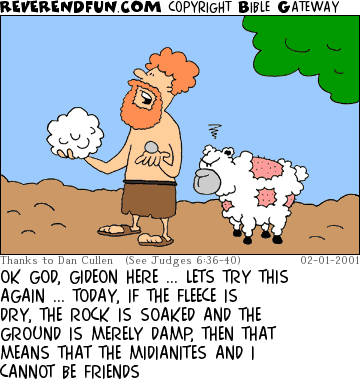 DESCRIPTION: Gideon holding fleece, sheep sans fleece standing next to him. CAPTION: OK GOD, GIDEON HERE ... LETS TRY THIS AGAIN ... TODAY, IF THE FLEECE IS DRY, THE ROCK IS SOAKED AND THE GROUND IS MERELY DAMP, THEN THAT MEANS THAT THE MIDIANITES AND I CANNOT BE FRIENDS