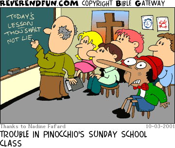 DESCRIPTION: Teacher writing on board, pinocchio looking upset with long nose CAPTION: TROUBLE IN PINOCCHIO'S SUNDAY SCHOOL CLASS
