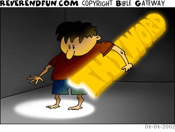 DESCRIPTION: Man with flashlight composed of the words &quot;Thy Word&quot; CAPTION: 