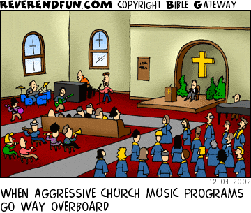 DESCRIPTION: Church filled with musicians and one pew CAPTION: WHEN AGGRESSIVE CHURCH MUSIC PROGRAMS GO WAY OVERBOARD