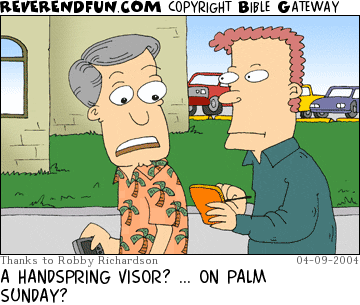 DESCRIPTION: Two men using handhelds CAPTION: A HANDSPRING VISOR? ... ON PALM SUNDAY?