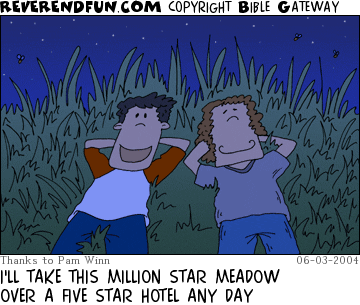 DESCRIPTION: Two dudes laying in a meadow at night admiring the stars CAPTION: I'LL TAKE THIS MILLION STAR MEADOW OVER A FIVE STAR HOTEL ANY DAY