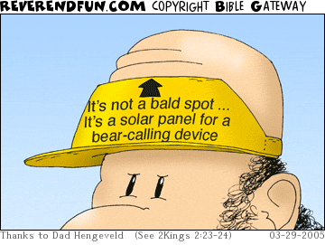 DESCRIPTION: Bald head with a visor that reads &quot;It's not a bald spot ... it's a solar panel for a bear-calling device&quot; CAPTION: 