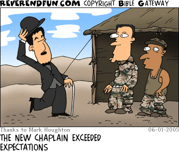 DESCRIPTION: Charlie Chaplain walking up to an army camp CAPTION: THE NEW CHAPLAIN EXCEEDED EXPECTATIONS