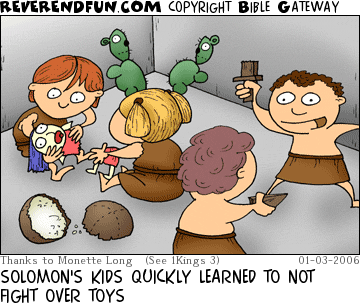 DESCRIPTION: Kids playing with toys that have been cut in half CAPTION: SOLOMON'S KIDS QUICKLY LEARNED TO NOT FIGHT OVER TOYS
