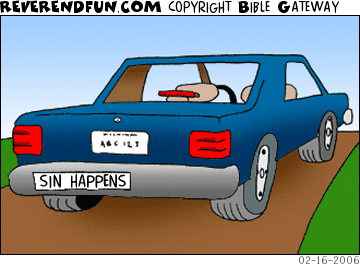 DESCRIPTION: Car with bumper sticker that says &quot;sin happens&quot; CAPTION: 