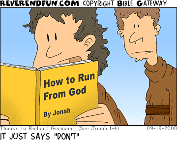 DESCRIPTION: Man reading a book titled &quot;How to Run From God&quot; that was written by Jonah CAPTION: IT JUST SAYS "DON'T"
