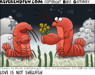 DESCRIPTION: A lobster presenting flowers to another lobster CAPTION: LOVE IS NOT SHELLFISH