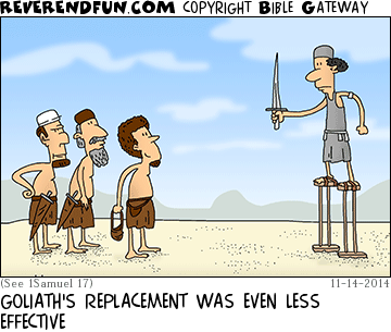 DESCRIPTION: David going up against a man on stilts CAPTION: GOLIATH'S REPLACEMENT WAS EVEN LESS EFFECTIVE