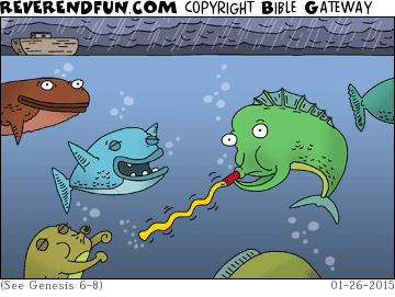 DESCRIPTION: Fish partying.  Ark in the background CAPTION: 